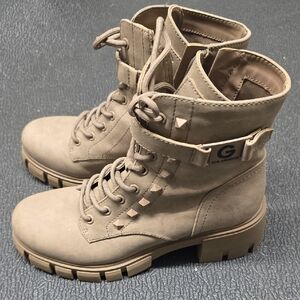 GBG Los Angeles Beige Lace-Up Combat Boots with Ankle Strap